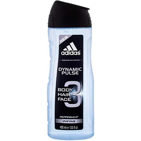 Adidas Dynamic Pulse 3-in-1 shower gel bottle with peppermint scent, light blue liquid in clear plastic container with black label.