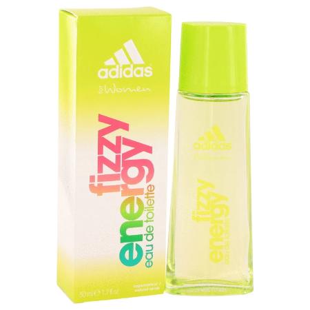 Adidas Fizzy Energy eau de toilette bottle next to yellow-green box packaging