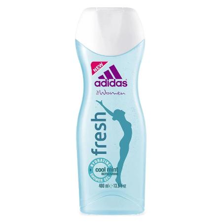 Adidas Fresh shower gel bottle, light blue with white cap and purple branding