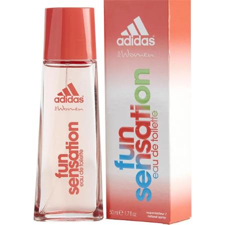 Adidas Fun Sensation eau de toilette bottle with coral box packaging, 50ml spray bottle with red cap.