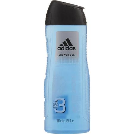 Adidas After Sport 3 blue shower gel bottle, 400ml, with black cap and white logo label.