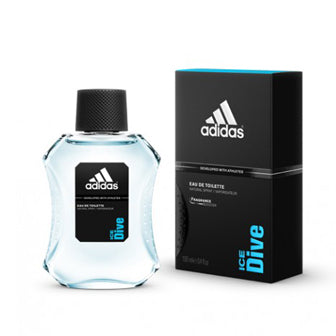Adidas Ice Dive eau de toilette bottle with black cap next to black box packaging with blue accent text.