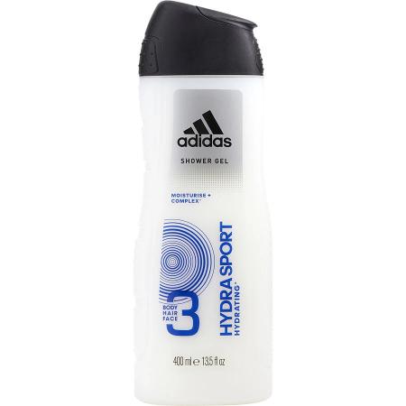 Adidas Hydra Sport 3-in-1 white shower gel bottle with black cap, 400ml size