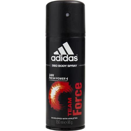 Adidas Team Force black deodorant body spray bottle with red and gold circular design label