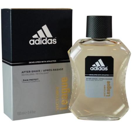 Adidas Victory League aftershave bottle next to black box with white logo and product text