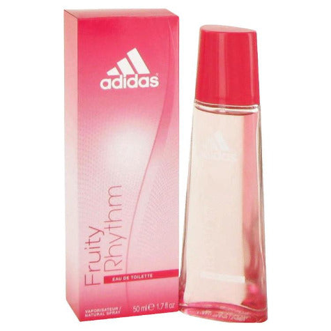 Adidas Fruity Rhythm pink perfume bottle with box, 50ml spray bottle with red cap next to gradient packaging.