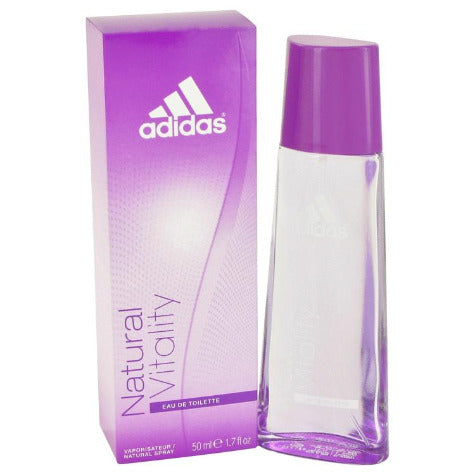 Adidas Natural Vitality perfume bottle and purple box with white Adidas logo