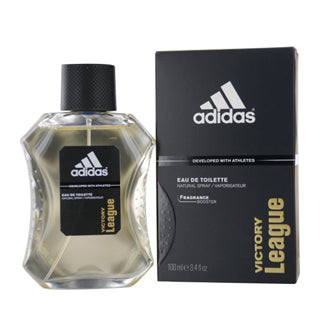 Adidas Victory League cologne bottle with black box packaging displayed side by side.