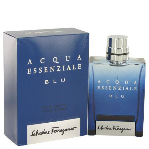Acqua Essenziale Blu cologne bottle with blue box packaging by Salvatore Ferragamo