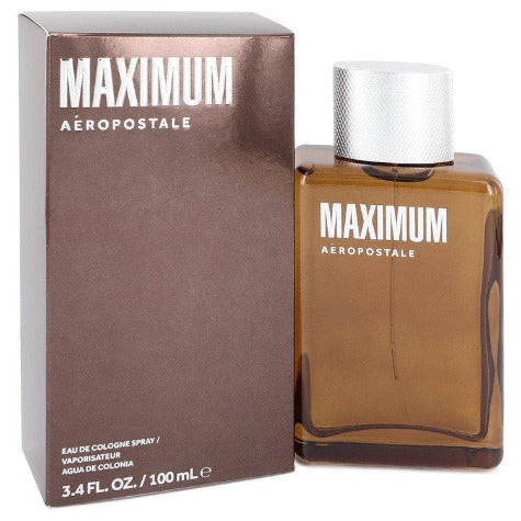 Aeropostale Maximum cologne bottle with box, amber liquid in clear glass bottle with silver cap, 3.4 fl oz