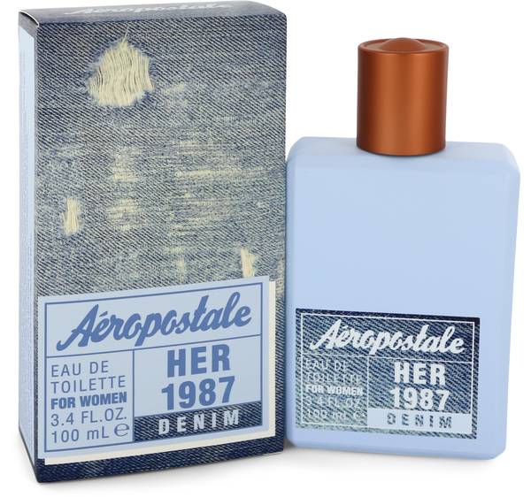 Aeropostale Her 1987 Denim eau de toilette bottle with denim-patterned box, 3.4 fl oz