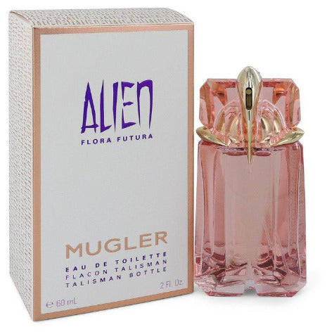 Alien Flora Futura eau de toilette bottle in pink glass with coral-toned box packaging by Mugler, 60ml size.