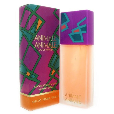 Animale Animale Eau De Parfum bottle with purple box featuring teal geometric pattern and peach-colored liquid.
