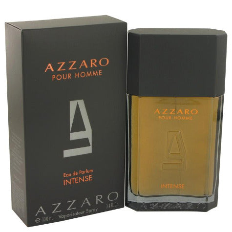 Azzaro Intense Eau De Parfum bottle and black box with orange text display
