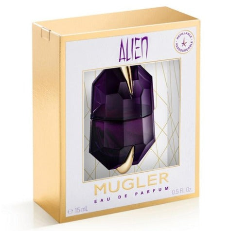Alien Eau De Parfum bottle in deep purple with gold accents inside gold retail box packaging