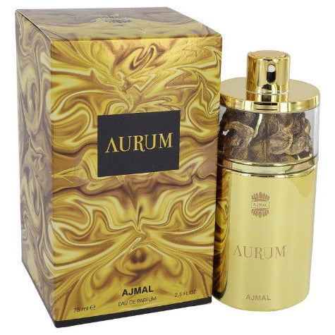 Ajmal Aurum gold eau de parfum bottle with matching patterned box