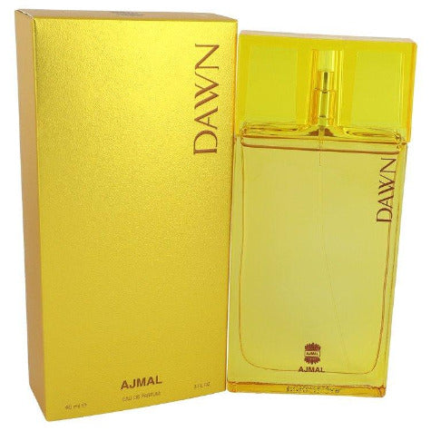 Ajmal Dawn eau de parfum bottle in yellow with matching box packaging