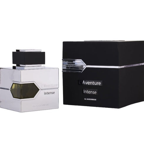 Al Harmain L'Aventure Intense perfume bottle with white box and black packaging displayed together