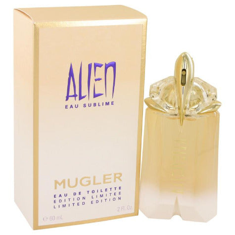 Alien Eau Sublime perfume bottle with box, gold liquid in clear glass with metallic cap.