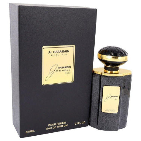 Al Haramain Junoon Noir perfume bottle with black box and gold accents, 75ml eau de parfum