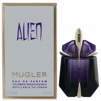 Alien Eau de Parfum bottle with box, purple glass vessel with refillable cap and beige packaging.