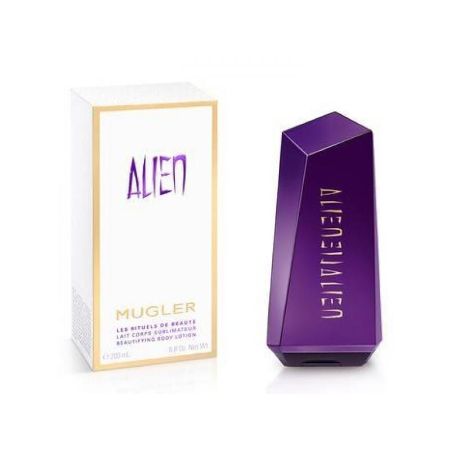 Alien Body Lotion bottle in purple next to white box with gold trim packaging