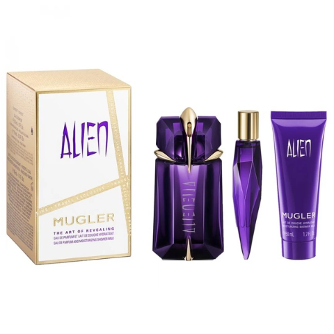 Alien 3 piece fragrance set with purple bottle, spray pen, and body lotion in gold box