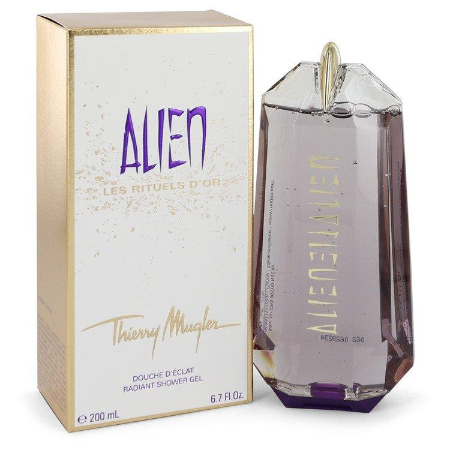 Alien Radiant Shower Gel bottle with gold box packaging displayed side by side