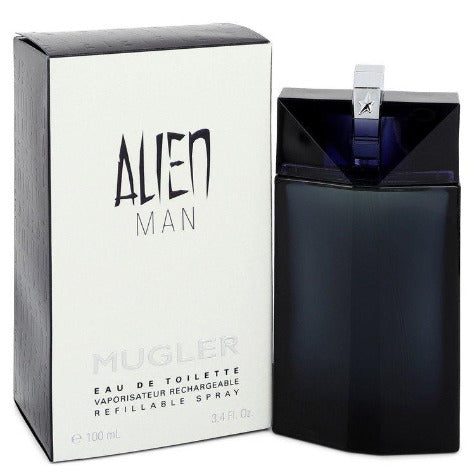 Alien Man by Mugler eau de toilette bottle with white box packaging displayed side by side