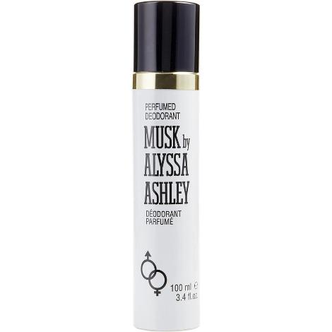 Alyssa Ashley Musk perfumed deodorant spray bottle, white with black cap and gold band, 100 ml size.