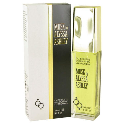 Alyssa Ashley Musk Eau De Toilette spray bottle and box packaging in yellow and black.