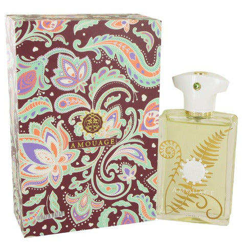 Amouage Bracken perfume bottle with ornate burgundy and multicolor patterned box.