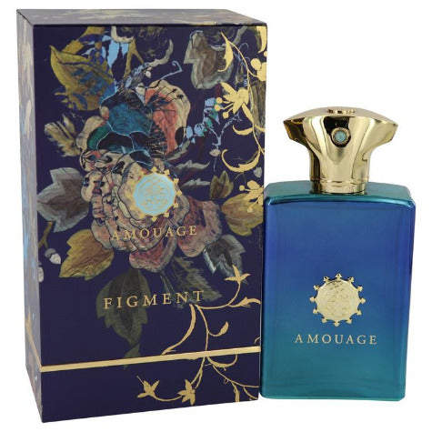 Amouage Figment bottle with decorative floral box, blue gradient glass with gold cap and emblem.