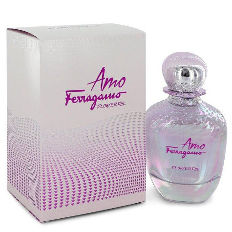 Amo Ferragamo Flowerful purple perfume bottle with white box packaging