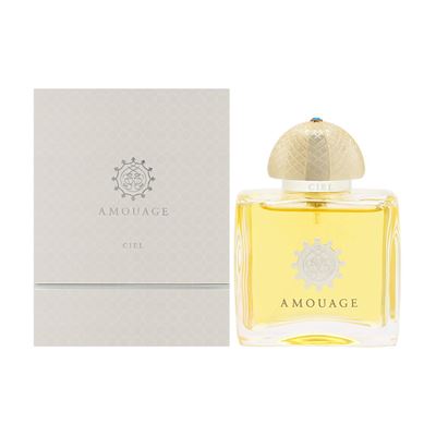 Amouage Ciel perfume bottle with pale yellow liquid and beige box packaging.