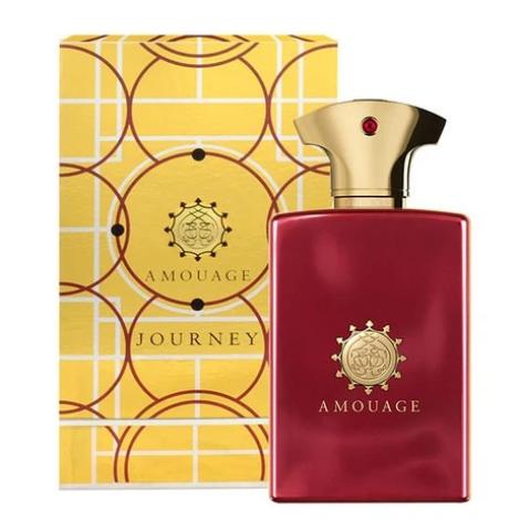 Amouage Journey burgundy perfume bottle with gold cap next to yellow patterned box