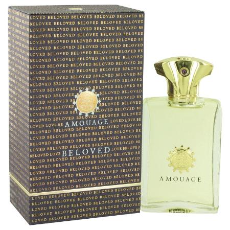 Amouage Beloved Eau De Parfum bottle with pale yellow liquid next to decorative box labeled with repeated text pattern.