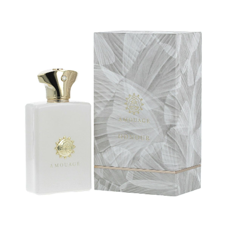 Amouage Honour Eau De Parfum bottle with gold cap next to gray patterned box