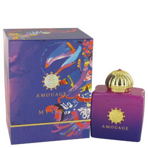 Amouage Myths Eau De Parfum bottle in purple with gold cap next to colorful decorative box
