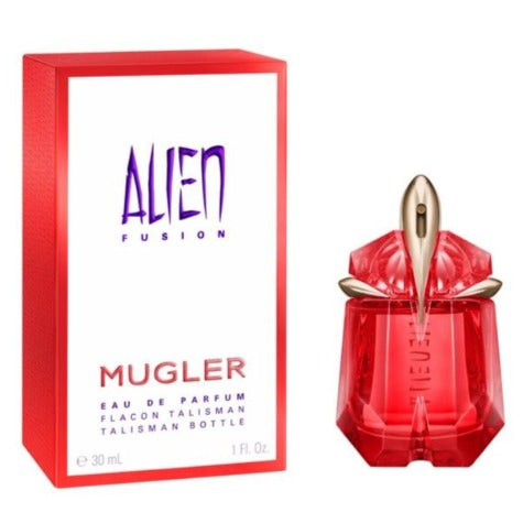 Alien Fusion red crystal bottle with gold cap displayed next to matching red box packaging