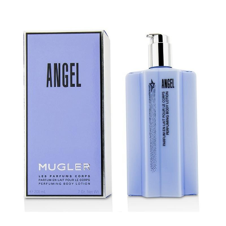 Angel Perfuming Body Lotion bottle with lavender box and silver pump dispenser