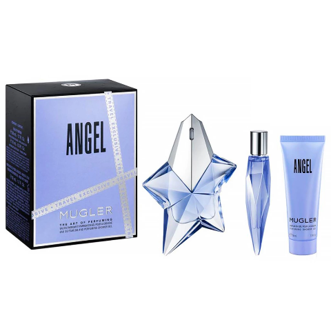 Angel 3 piece fragrance gift set with star-shaped bottle, spray atomizer, and body lotion in blue packaging