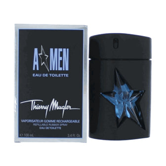 Angel by Thierry Mugler eau de toilette bottle and box, black spray bottle with blue star design
