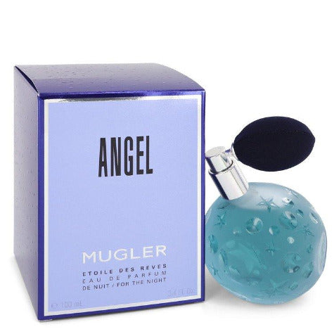 Angel Etoile Des Reves turquoise fragrance bottle with black atomizer and purple box