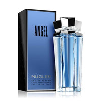 Angel Eau De Parfum by Mugler with blue box and tall glass bottle with black cap