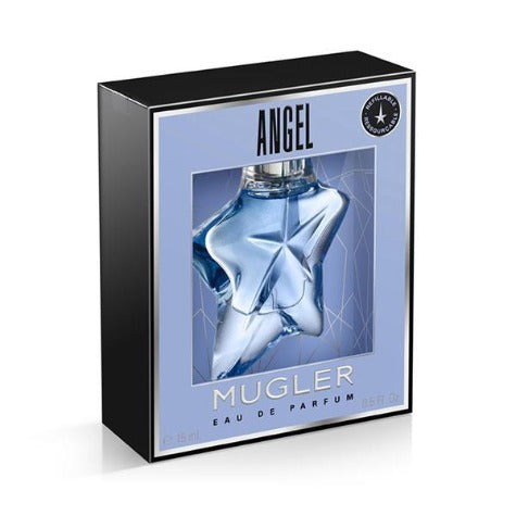 Angel Eau De Parfum by Mugler in blue glass bottle with black box packaging