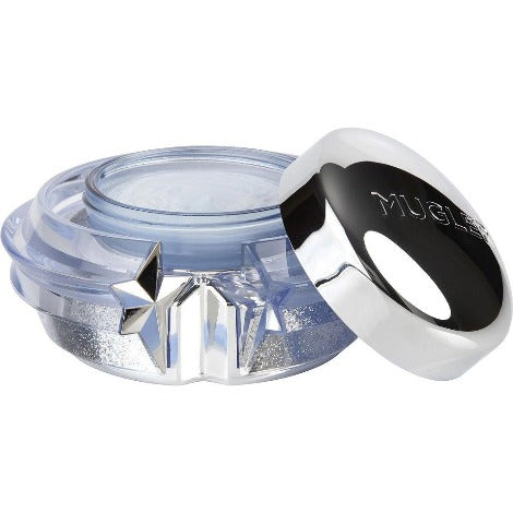 Clear jar of shimmer body cream with black and silver lid, opened to show product inside.
