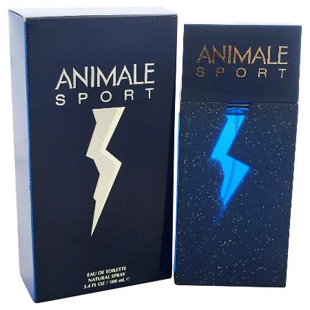 Two navy blue fragrance boxes for Animale Sport cologne, featuring white and blue lightning bolt logos