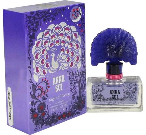 Anna Sui Night Of Fancy fragrance bottle with blue peacock stopper and purple floral box packaging