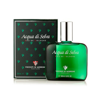 Acqua di Selva cologne bottle in green glass with black box packaging featuring crest logo